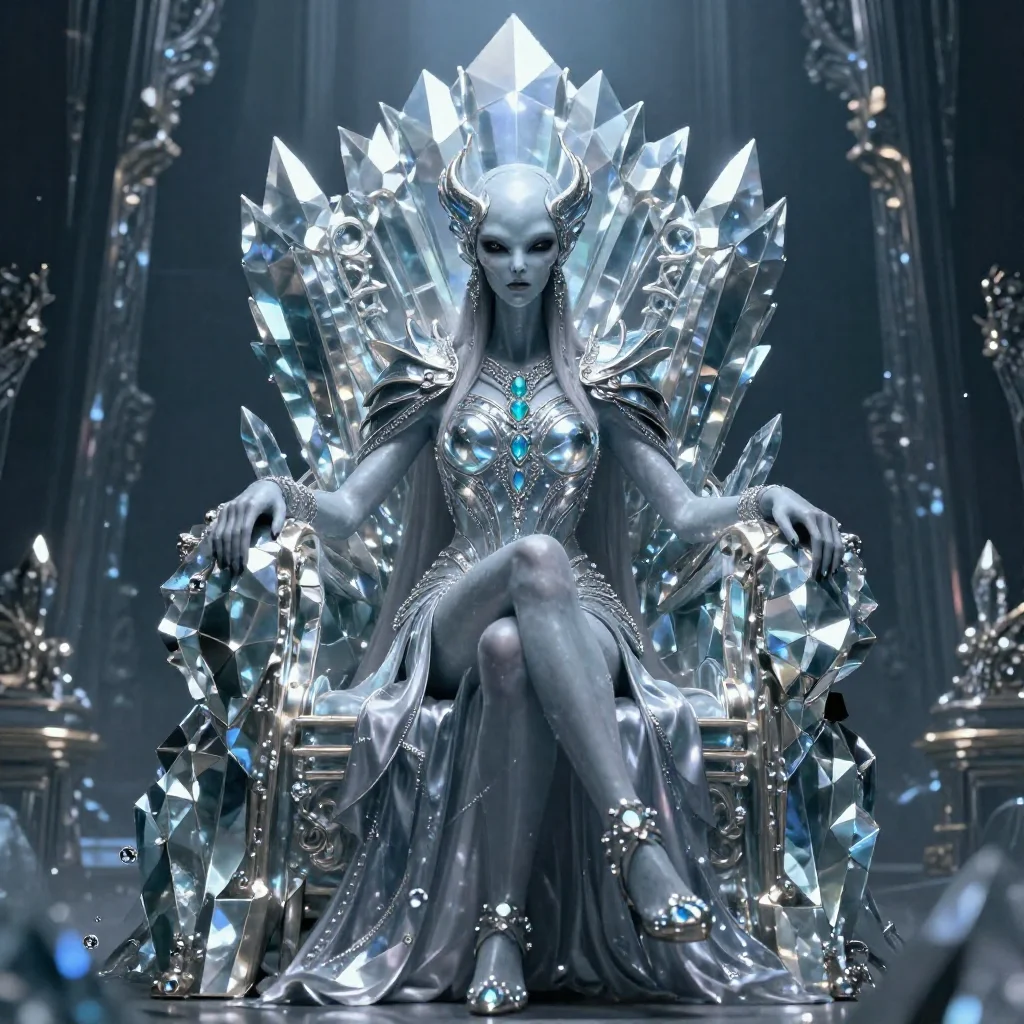Alien empress seated on a crystal throne