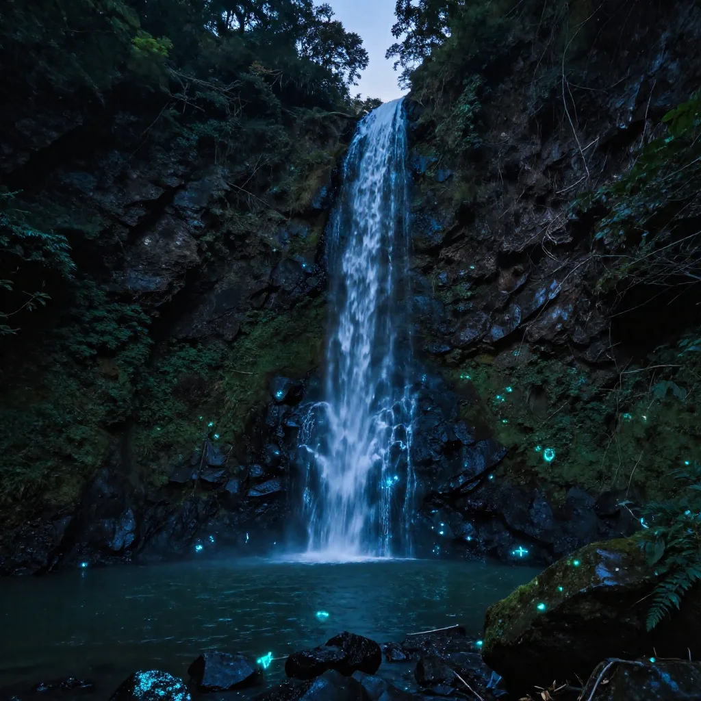 Bioluminescent waterfall in a hidden valley