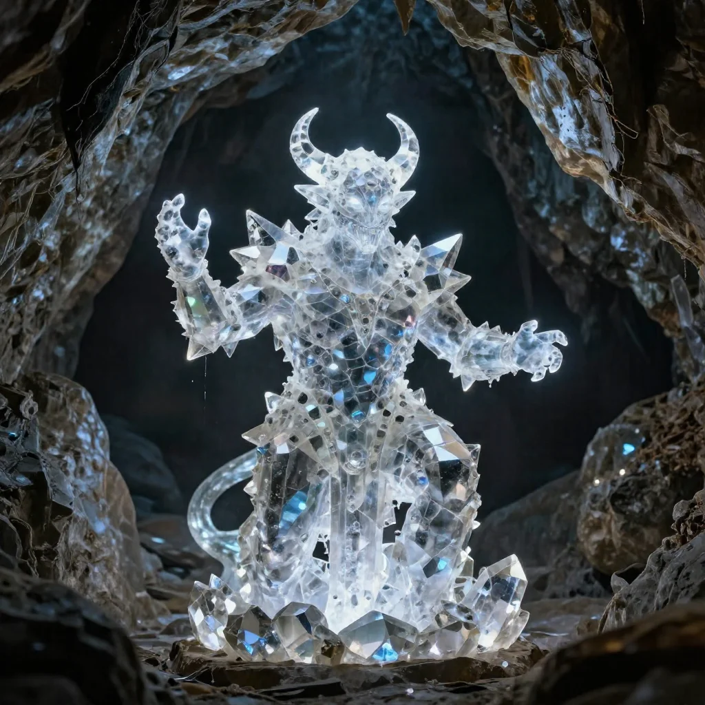 Crystal golem guardian awakening in a cavern