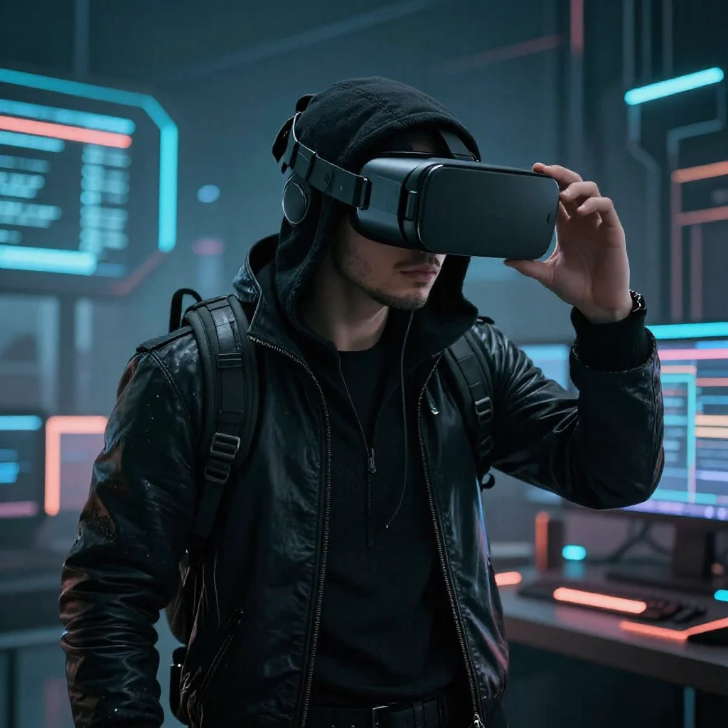 Cyberpunk hacker jacked into a VR datascape