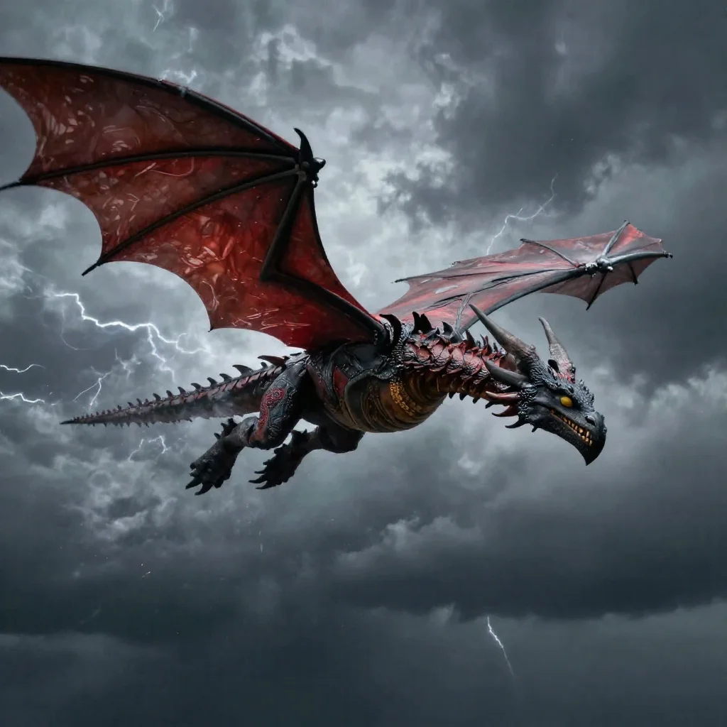 Dragon rider soaring through a thunderstorm