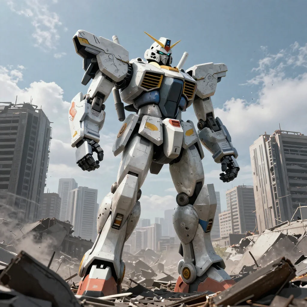Giant mech standing over a ruined megacity