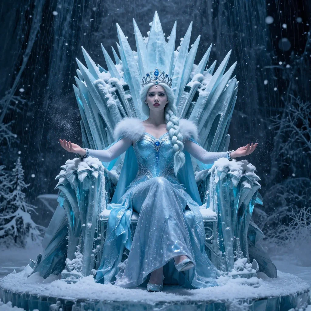 Ice queen summoning a blizzard from a frozen throne
