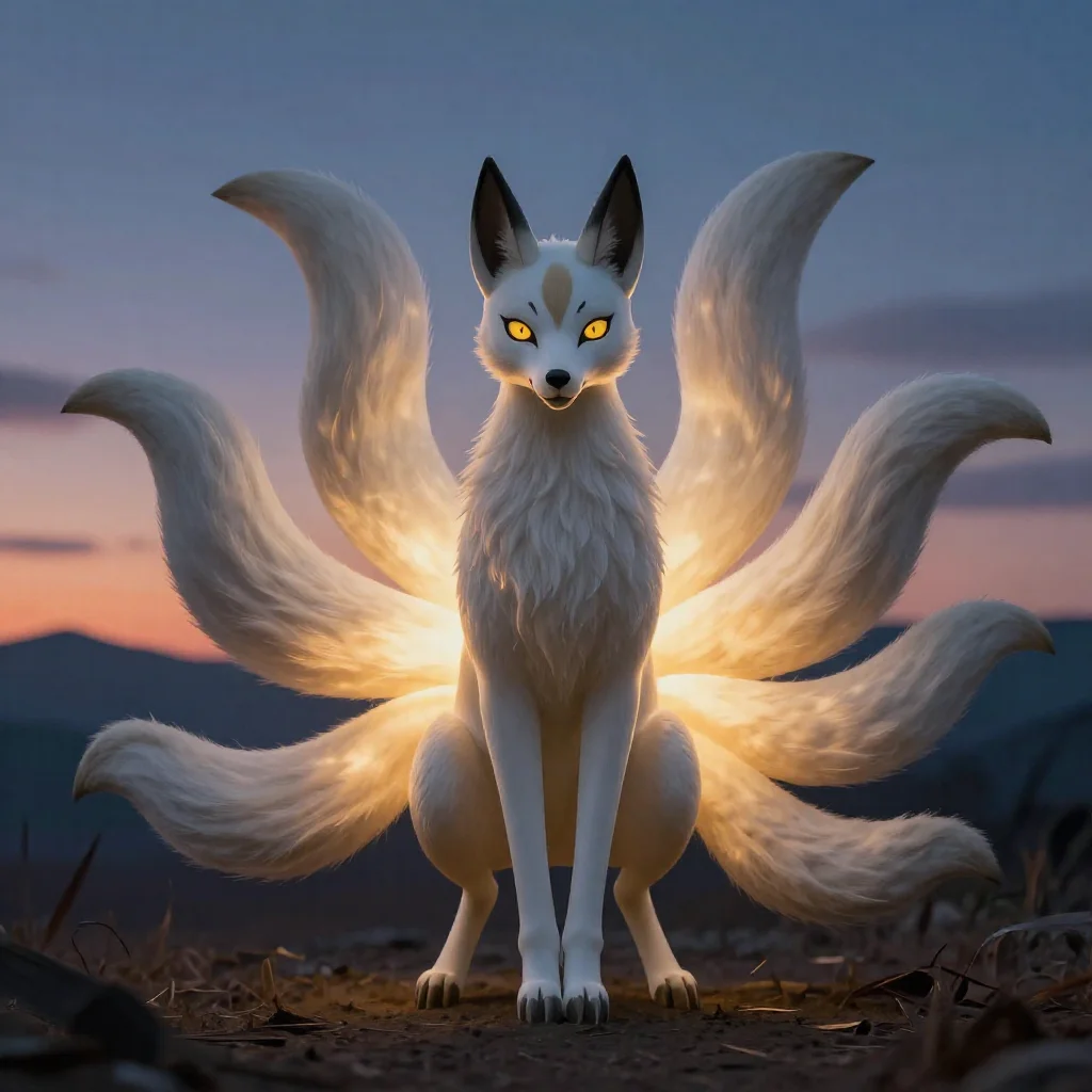 Kitsune spirit with nine glowing tails at dusk