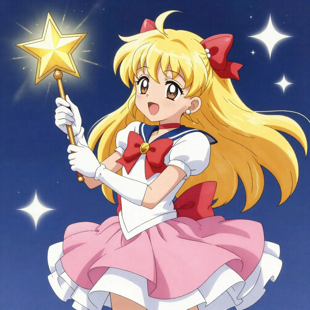 Magical girl mid star-wand transformation