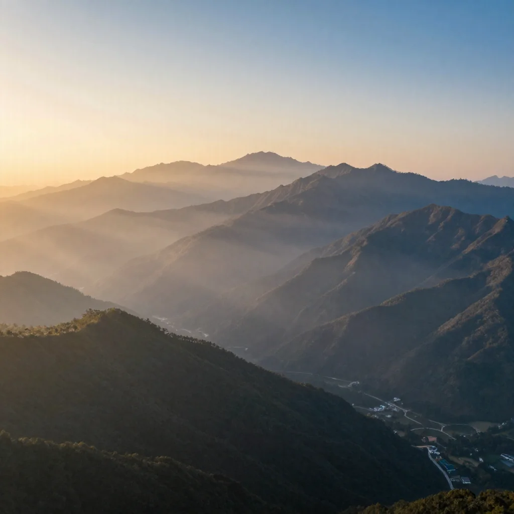 Misty mountain range at golden sunrise