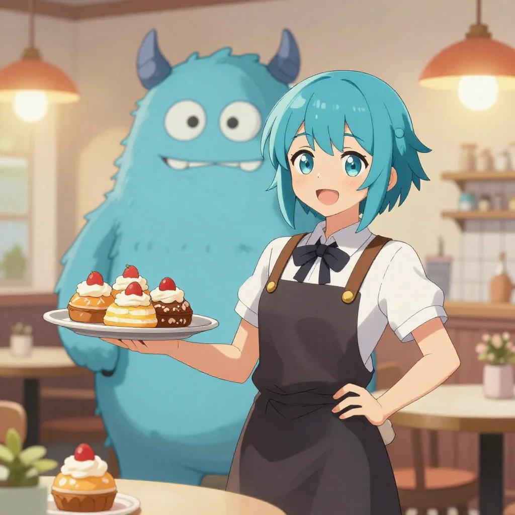 Monster girl cafe waitress serving pastries
