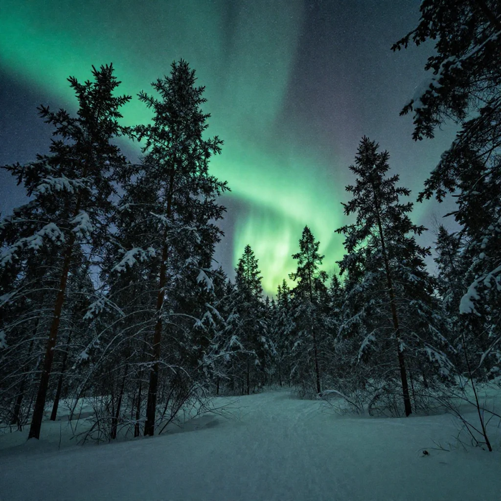 Northern lights over a frozen pine forest