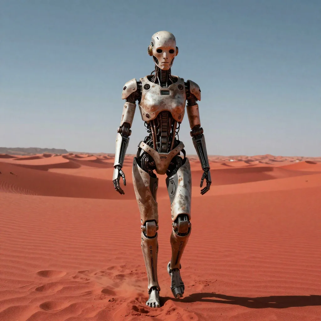 Post-apocalyptic android wandering a red desert