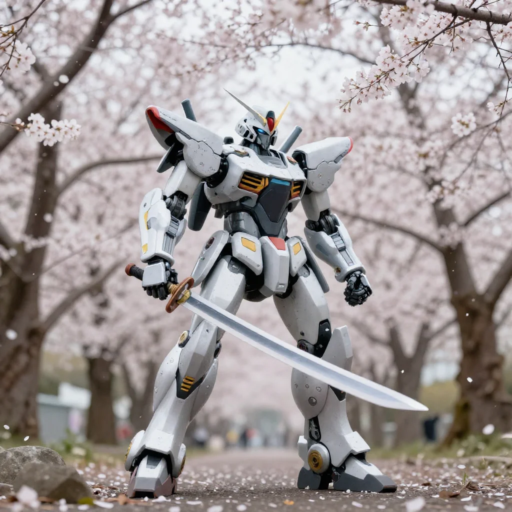 Robot swordsman in a cherry blossom storm