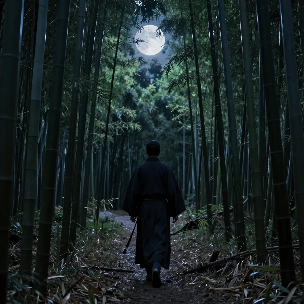 Ronin walking through a moonlit bamboo forest