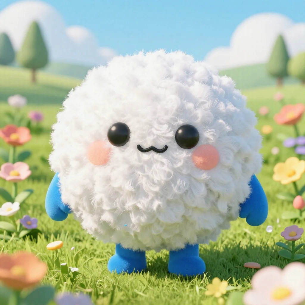 Round fluffy slime mascot in a flower field
