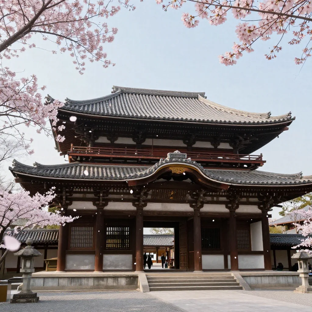 Sakura petals drifting over an ancient temple