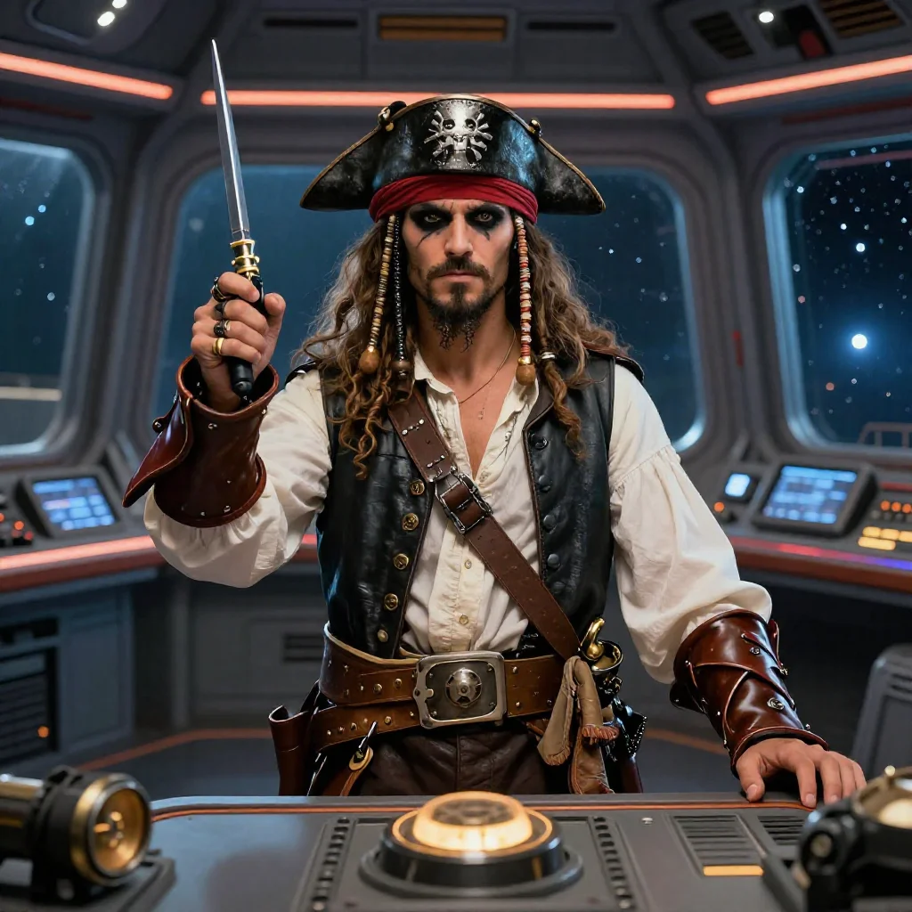 Space pirate captain on a starship bridge