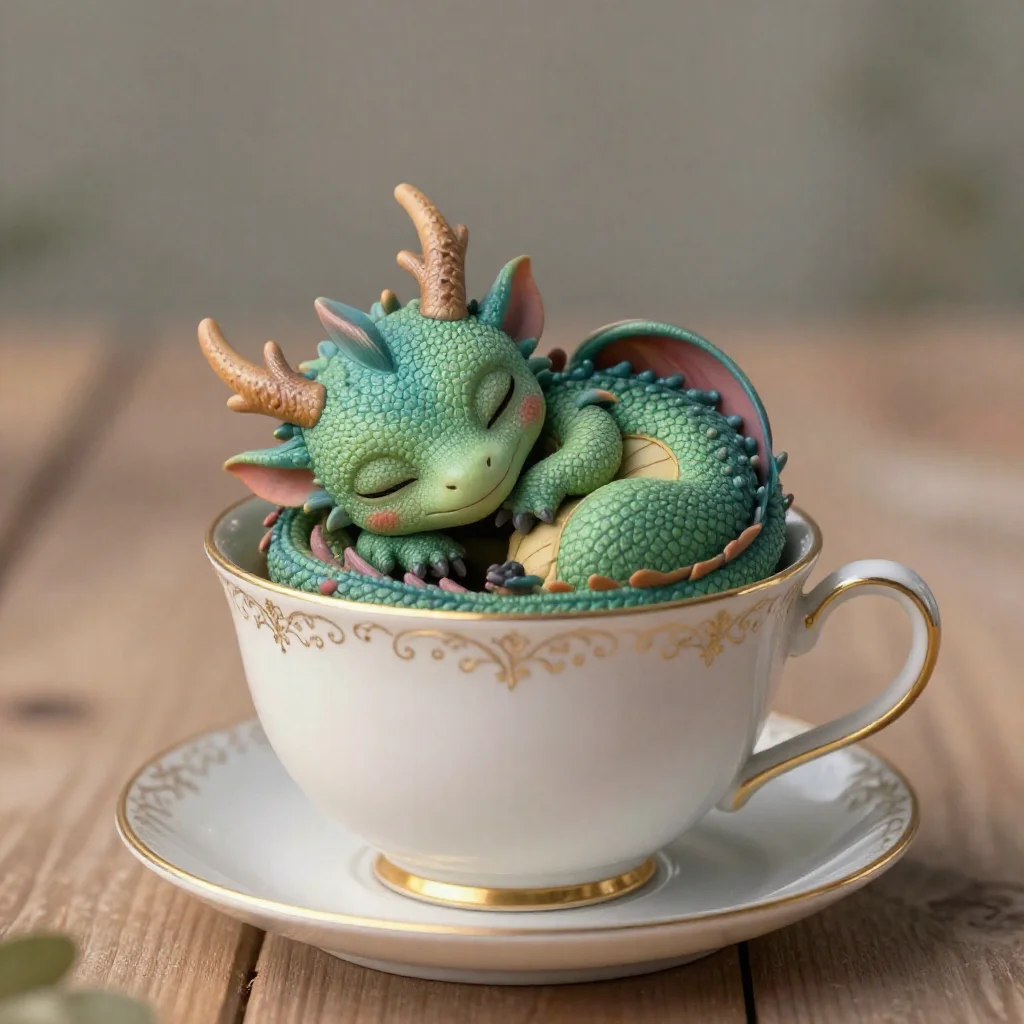 Tiny dragon curled up asleep on a teacup